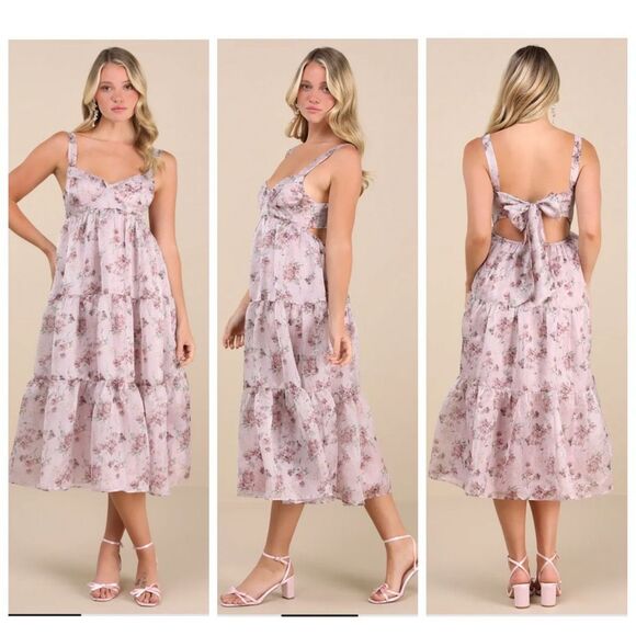 NEW Lulus Marvelously Darling Mauve Floral Tiered Backless Midi Dress Size XS - Picture 1 of 13